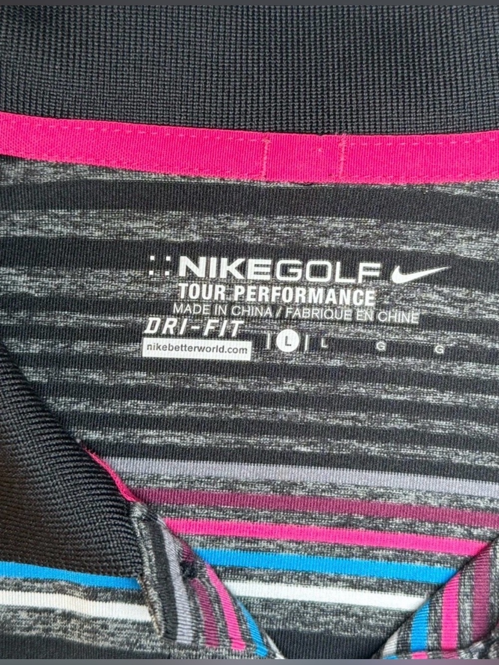 Nike Golf Tour Performance Dri-Fit Polo Shirt Mens Sz L Black Blue Pink Striped - Picture 4 of 7